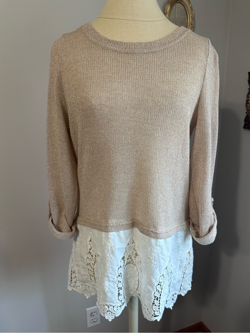 Blu Pepper Beige Knit Crewneck Sweater with White Lace Trim